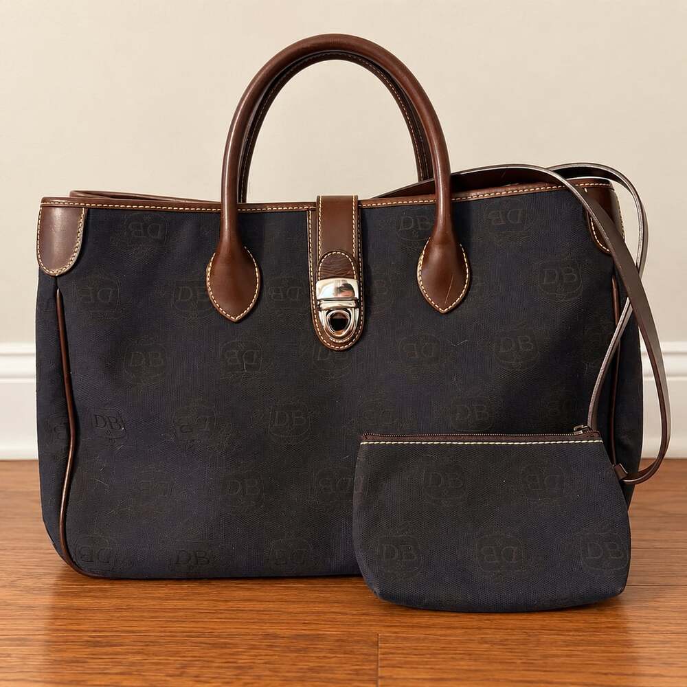 Dooney & Bourke Midnight Blue Canvas DB Monogram Pushlock Tote Bag Matching Pouc